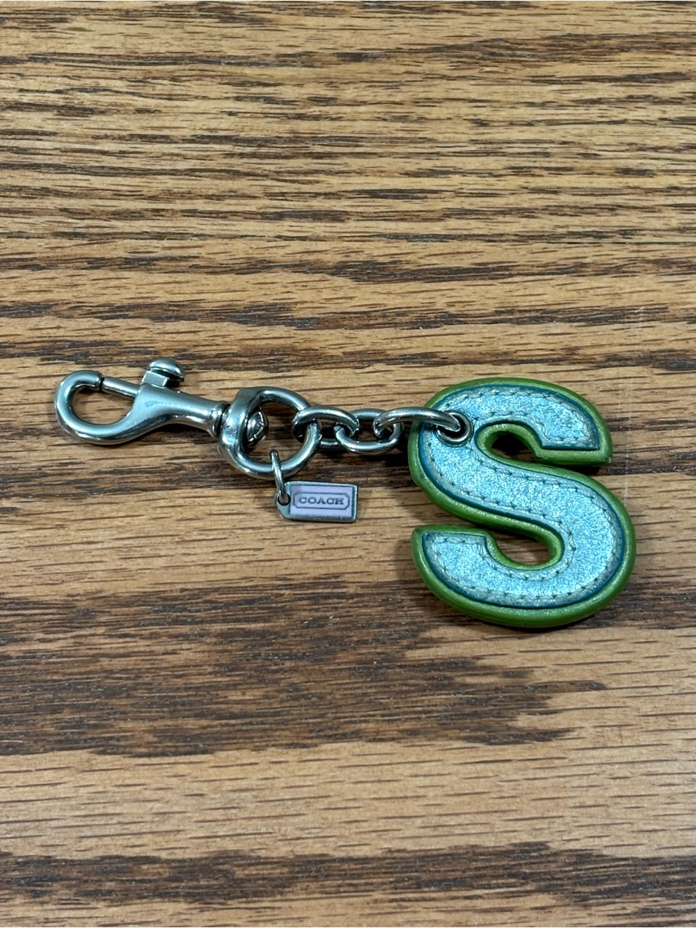 COACH Teal and Green Leather Initial Letter S Keychain Purse Bag Charm